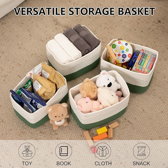 4 Pack Storage Baskets for Organizing, 13"X9"X7.87", Decorative Cotton Rope Baskets with Wave-Patterned Embroidery for Shelves, Small Woven Basket for Toys, Books and Towels, Green & White