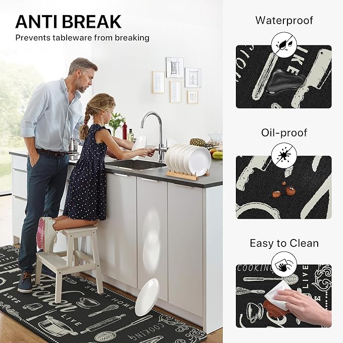 GENIMO Anti Fatigue Kitchen Mats for Floor, Non Slip Washable Kitchen Theme Rugs sets of 2, Farmhouse Cushioned Waterproof Comfort Runner Rug for Kitchen, Sink, Desk, Laundry, 17"x 59"+17"x 30", Black