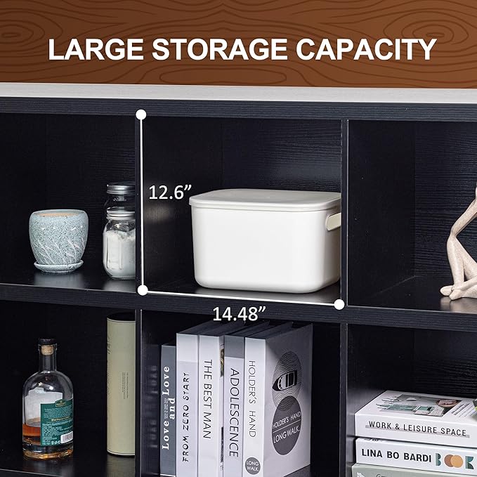 6 Cube Storage Organizer Bookshelf, Industrial Horizontal Bookcase, Accent Cubby Shelf, Media Console Table for Living Room, Home Office, 13.6" D x 47.2" W x 30.9" H, Black