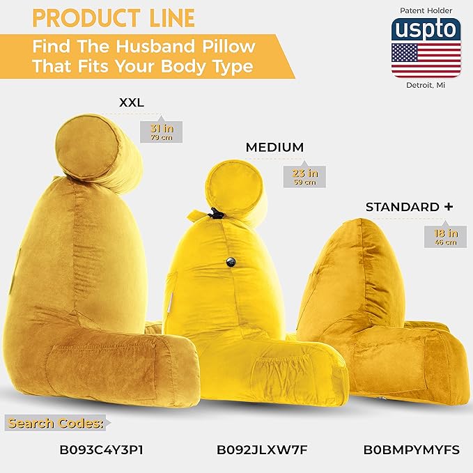 Husband Pillow Medium Aspen Edition Gold Rush, Sit Up Reading & Bed Rest with Arms, Ultra-Comfy, Detach Neck Roll - Premium Shredded Memory Foam Backrest, Reverses to Micro: Suede or Plush