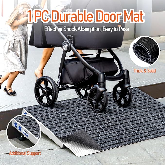 Threshold Ramp for Wheelchairs, 1.6-4.7" Rise and 24"×36" Platform Aluminum Wheelchair Ramp, Door Threshold Ramps with a Non-Slip Thick Door Mat