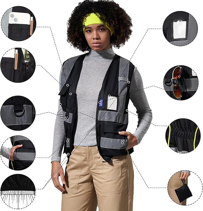 A-SAFETY High Vis Safety Vest for Women - Reflective Strips, Multi-Pockets, Zipper Closure