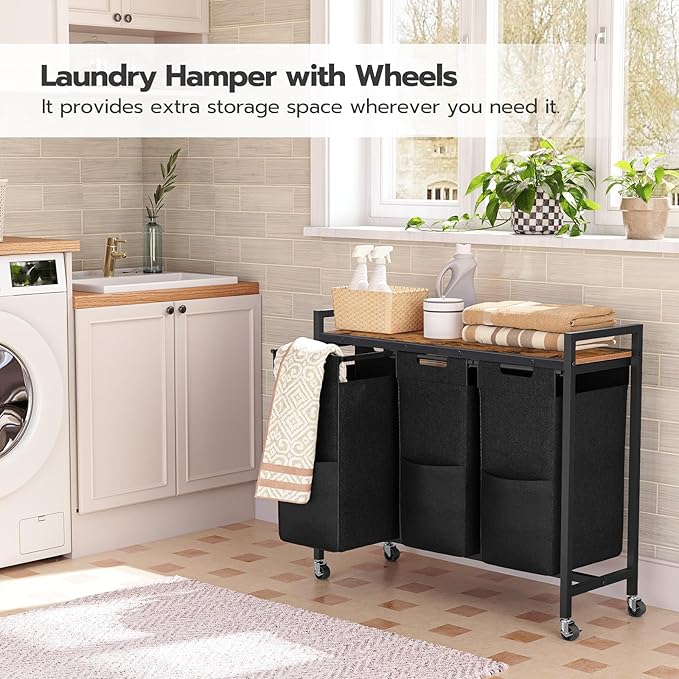 HOOBRO Laundry Sorter 3 Section, Laundry Hamper with Wheels, 3 × 11.5 Gal (43.5 L), Rolling Laundry Basket, Pull-Out and Removable Oxford Fabric Laundry Bags, Rustic Brown and Black BF76XY01