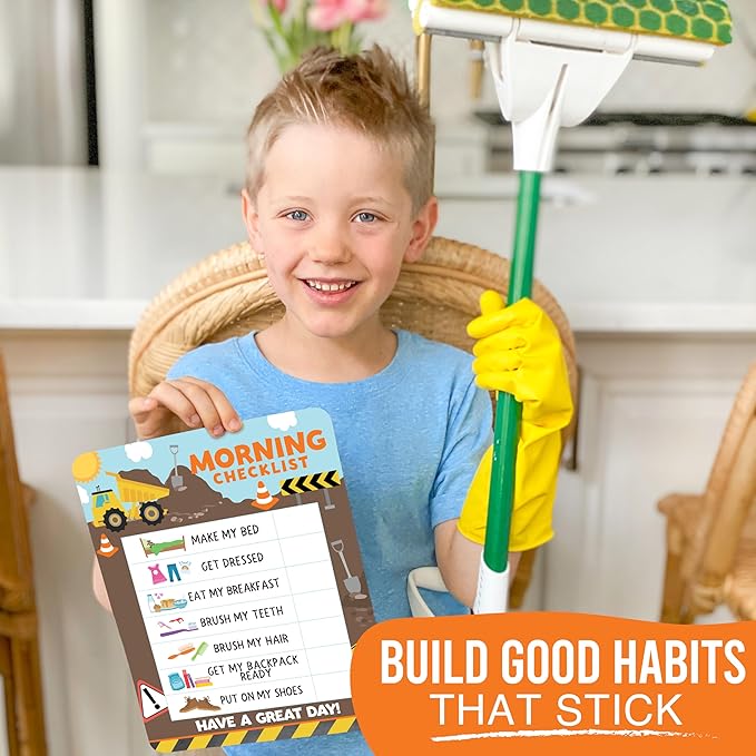 Magnetic Morning & Bedtime Routine Chart for Kids - Customizable Toddler Daily Schedule Board with Dry Erase Surface, Stickers & Marker, Build Habits with Visual Checklists, Construction Theme