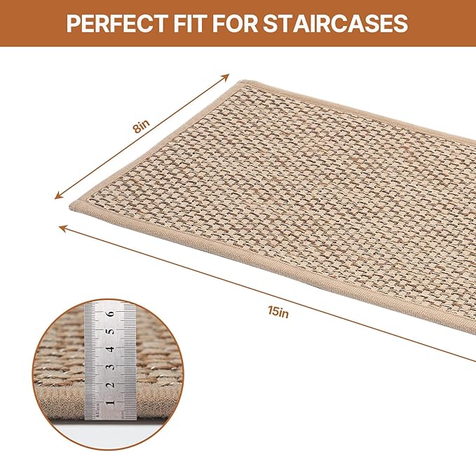 Non Slip Stair Treads for Wooden Stairs, 8" x 30" Staircase Step Treads, 100% Linen, Reusable Adhesive, Indoor, for Kids, Seniors & Dogs(Beige, 15pcs)