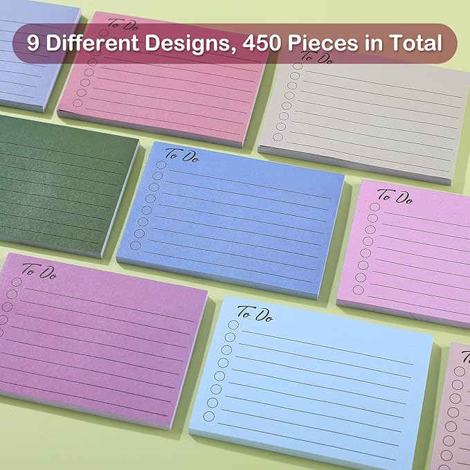 Pajean 9 Pcs/450 Sheet to Do List Sticky Note 3x4 Inch Self Stick Pads with Line Colored Planner Sticky Note Adhesive Memo for Office, Meeting, School, Study, Home Reminder (Modern Color)