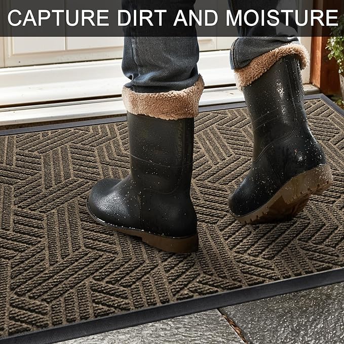 Front Door Mat 29.5"x17" Indoors Outdoors Welcome Mats, Waterproof Non-Slip Rubber Backing Heavy Duty Doormat Outside Entrance, Low Profile Entryway Rugs Floor Mat for Patio, Pattern B Brown