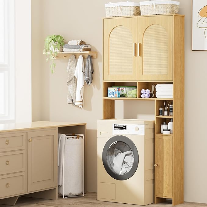 Homhedy 67" H Over The Toilet Storage Cabinet, Boho Bathroom Organizer with Rattan Decorated Doors, Adjustable Shelves, Toilet Paper Holder, Space-Saving Bathroom Shelf for Small Spaces, Natural