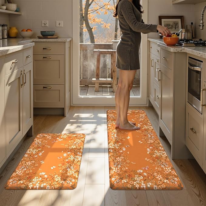 KIMODE Fall Kitchen Mats Cushioned Anti Fatigue, Orange Farmhouse Kitchen Rugs Sets of 2, Halloween Kitchen Mats for Floor, Padded Kitchen Floor Mats for Sink Laundry Office Desk 20"x47"+20"x32"