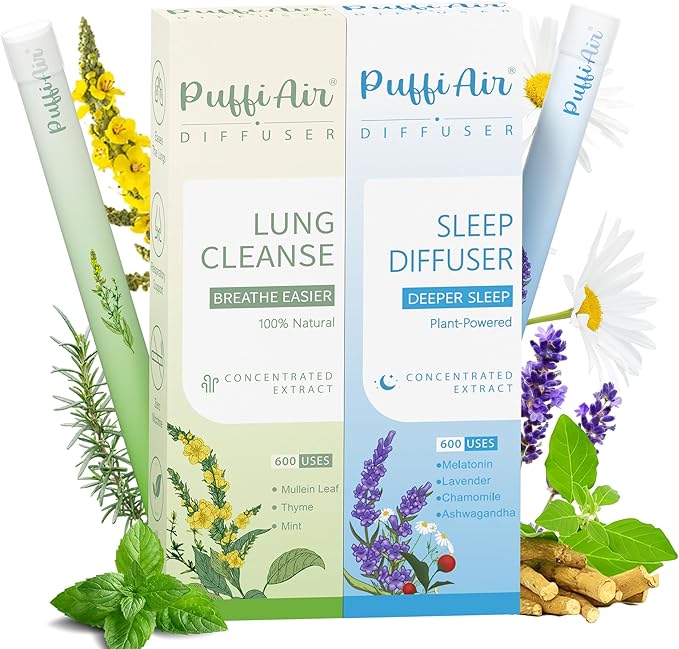 PUFFIAIR Day to Night Harmony Duo Herbal Diffuser Pen Set | Mullein and Melatonin Inspired Blends | Green Blue | 2 Count
