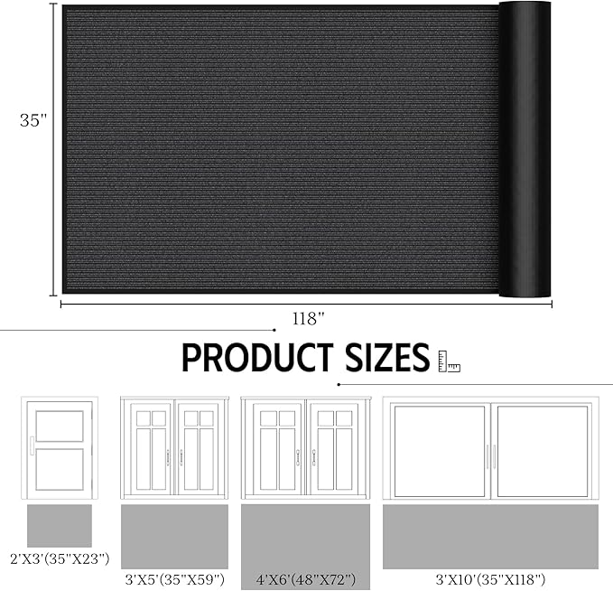 Front Door Mat, 3' x 10' Commercial Door Mat Outside Entrance, Heavy Duty Welcome Mats, Absorbent & Dirt Resistant, Non-Slip Extra Large Doormats, Door Rugs for Entryway Indoor Outdoor, Grey