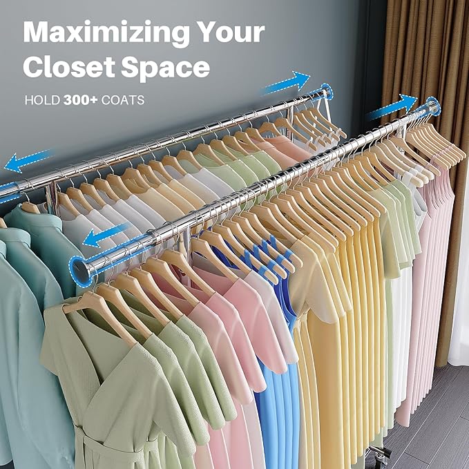 HOKEEPER Clothes Rack Heavy Duty Clothing Rack Load 650 LBS Collapsible Garment Rack with Wheels Double Rod Clothes Rack for Hanging Clothes Commercial Portable Closet Rack with Shelves 22"D*75"W*68"H