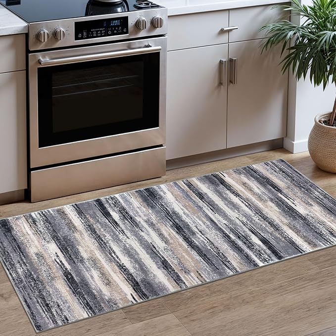 Modern Abstract Runner Rug 2x5, Grey Black Multi Washable Kitchen Runner Entryway Rug Mat Non-Slip Soft Hallway Rug Runner Thin Print Faux Wool Carpet for Bedroom Laundry Room Indoor