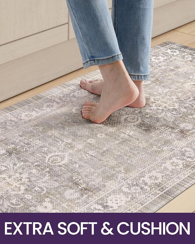 DEXI Kitchen Floor Mats Cushioned Anti Fatigue, 23x59 Long Wide Standing Comfort Runner Rug, Waterproof Retro Floral Memory Foam Padded for Front Sink Laundry, Beige Grey