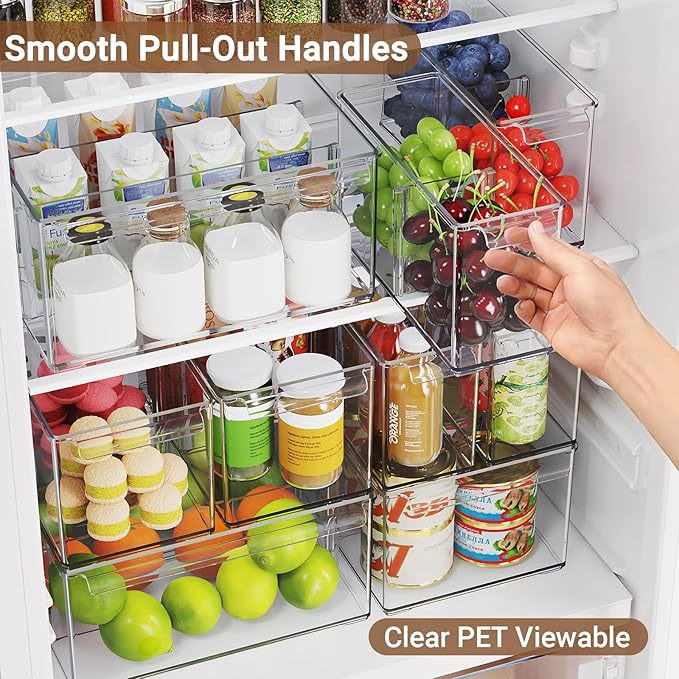 Clear Plastic Storage Bins with Dividers for Kitchen Pantry Organization, 6 Pack Large Thicken Stackable Storage Drawer Boxes for Refrigerator Cabinets Vanity Organizers and Storage, C6-4