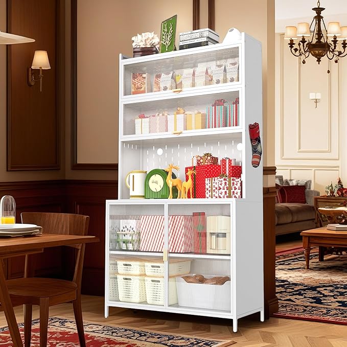 73'' Tall Kitchen Pantry Cabinet, 6 Level Flip Door with Pegboard Metal Pantry Storage Cabinet, Anti-Tip Design Hutch for Kitchen Dining Room Living Room, White