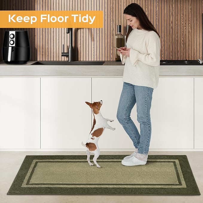 Kitchen Rugs Set (24" x 36"+24" x 60"), Non-Slip Machine Washable Kitchen Runner Rugs, Absorbent Comfort Standing Mats for Kitchen, Laundry and Hallway, Rolled Packaging, Budding Green & Sage Green