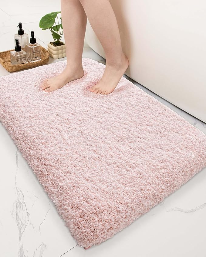 Bathroom Rugs 32x20, Ultra Thick Shaggy Soft Microfiber Absorbent Bath Rug, High Density Foam Latex Non Slip Backing, Machine Washable Bath Mats for Bathroom Floor & Sink, Pink