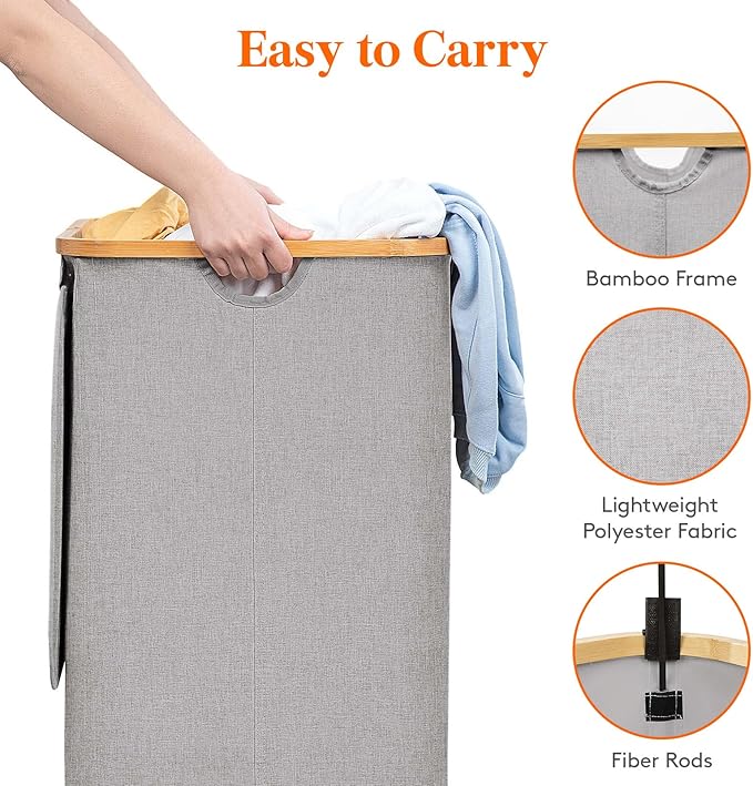 Lifewit 120L Laundry Basket with Lid, Clothes Hampers for Laundry with Bamboo Handles and A Removable Laundry Bag, Large Foldable Laundry Hamper for Bedroom, Bathroom, Dorm, Laundry Room, Light Gray
