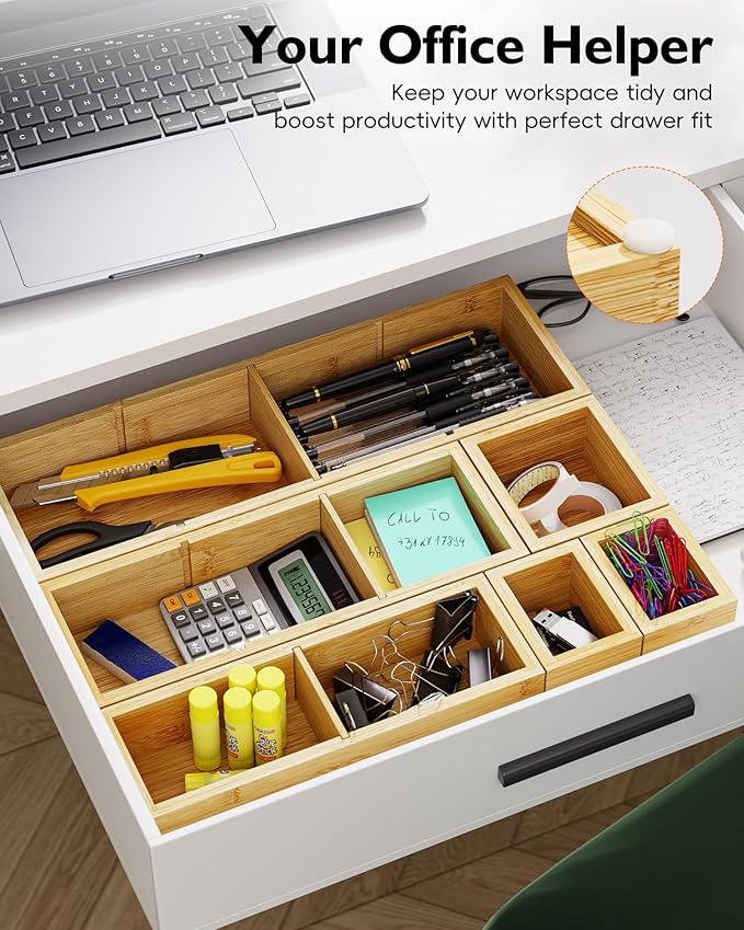 6PCS Desk Drawer Organizer Tray with 12 Compartments – Bamboo Office Storage Boxes Set for Junk Drawer Supplies, Utensils, Cosmetics, Jewelry and More