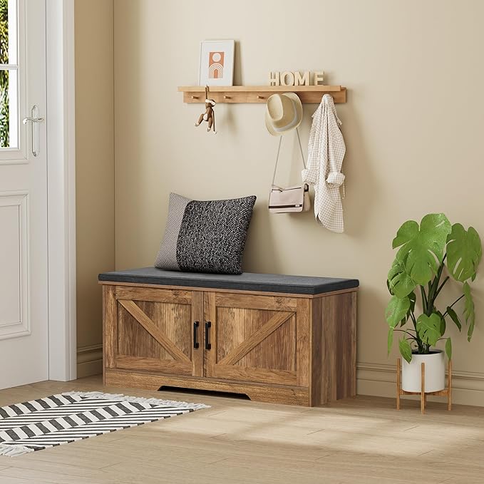 2-Tier Storage Bench, 39.4" Wide Shoe Bench with Padded Seat Cushion, Entryway Bench with 2 Barn Doors and Adjustable Shelf, Rustic Walnut