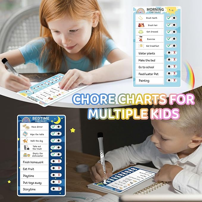 Chore Chart for Kids: Dry Erase Visual Schedule, Magnetic Bedtime/Morning Routine Chart - Toddler Chore Board, Checklist, To Do List for Kids (1 morning checklist, 1 bedtime checklist)