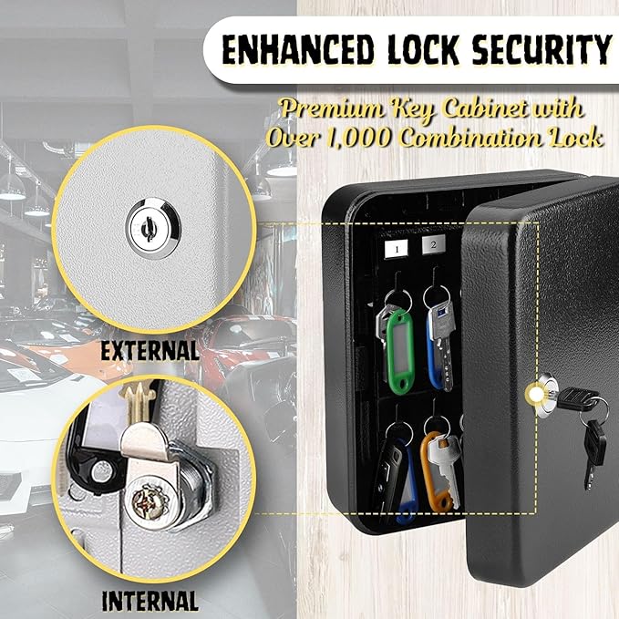 Flexzion Key Cabinet Key Lock Box Wall Mount with 40 Key Holder Organizer Locker Case, Colored Key Tags & Hooks Wall Mounted Lock Box for Keys Storage, Homes, Property, Hotels, Business (Black)