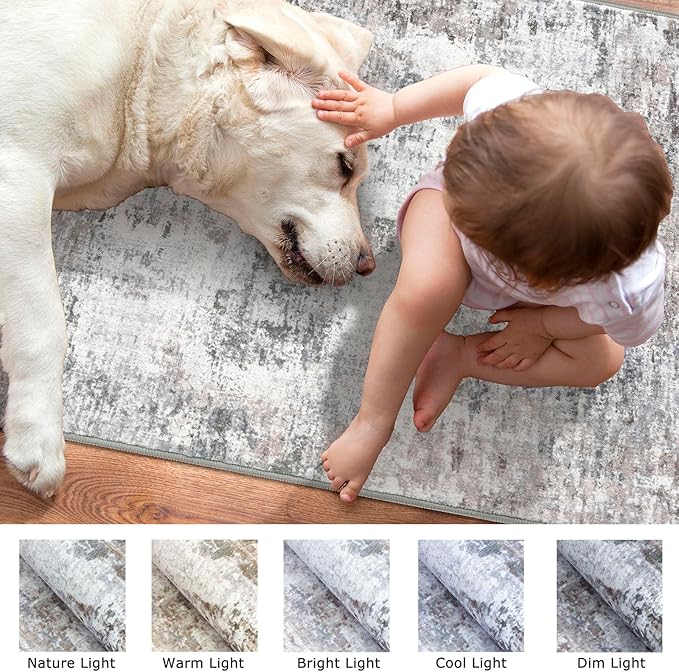 Modern Abstract Hallway Runner Rug, Beige Grey 3x8 Runner Rug, Washable Kitchen Runner Non-Slip Soft Thin Print Faux Wool Carpet for Entryway Bedroom Laundry Room Indoor