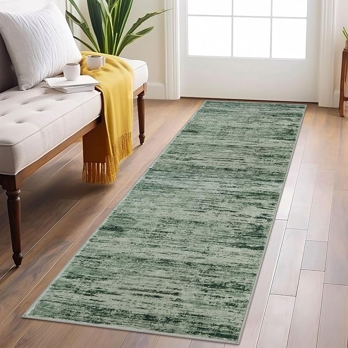 Modern Abstract Runner Rug 2x6, Forest Green Washable Kitchen Runner Non-Slip Soft Hallway Rug Runner Thin Print Faux Wool Carpet for Entryway Bedroom Laundry Room Indoor Home Decor
