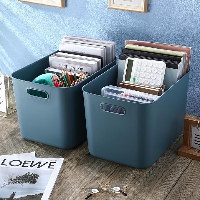 Hoolerry 8 Pieces Colorful Storage Bins with Lid, Plastic Storage Basket Organizing Container Stackable Box with Handle for Shelves Desktop Playroom Office(14.2 x 10.2 x 9.5 Inch,Blue)