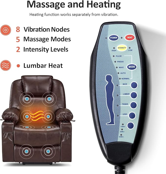 MCombo Electric Power Lift Recliner Chair Sofa with Massage and Heat for Elderly, 3 Positions, 2 Side Pockets, and Cup Holders, USB Ports, Faux Leather 7040 (Dark Brown, Medium)