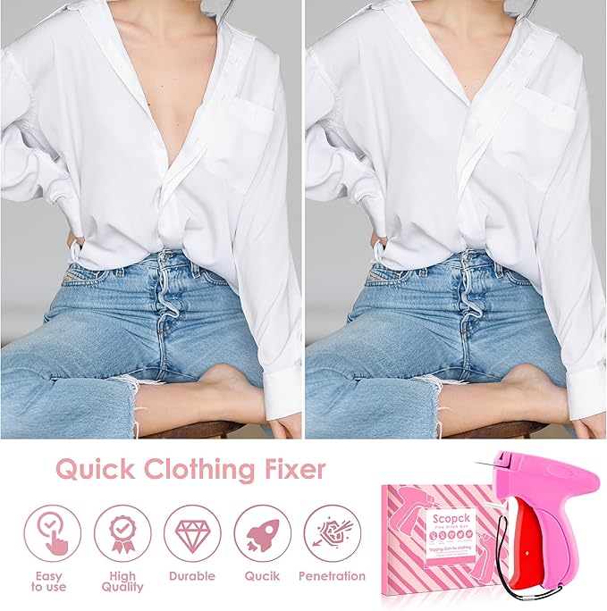 Stitch Gun for Clothes - Handheld Stitch Tag Gun Quick Clothing Fixer - Mini Sewing Kit Micro Tagging Gun - Includes 6 Needle, 1000 Black Fasteners & 1000 White Fasteners (Pink-Red)