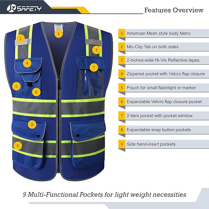 JKSafety 9 Pockets High Visibility Zipper Front MESH Blue Safety Vest | Blue with Dual Tone High Reflective Strips | ANSI/ISEA Standards (100-Blue, L)