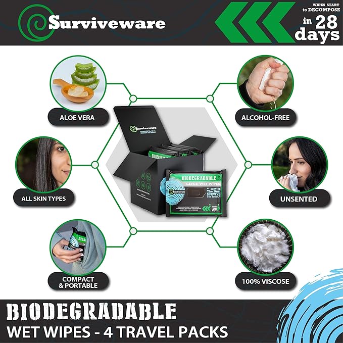 Surviveware Biodegradable Wipes Men or Women - Shower Wet Wipes Face, Body & Butt - Outdoors, Travel, Camping & Post Workout - Total of 60 Wipes - 15 Count, Pack of 4