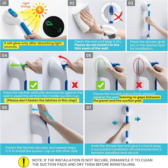 TAILI Shower Grab Bar Glow in The Dark, 16.8 in Grab Bars for Bathtubs, Shower Handles Bath Rails for Seniors and Elderly, Bathroom Safety Grip Removable No Drilling Waterproof Blue