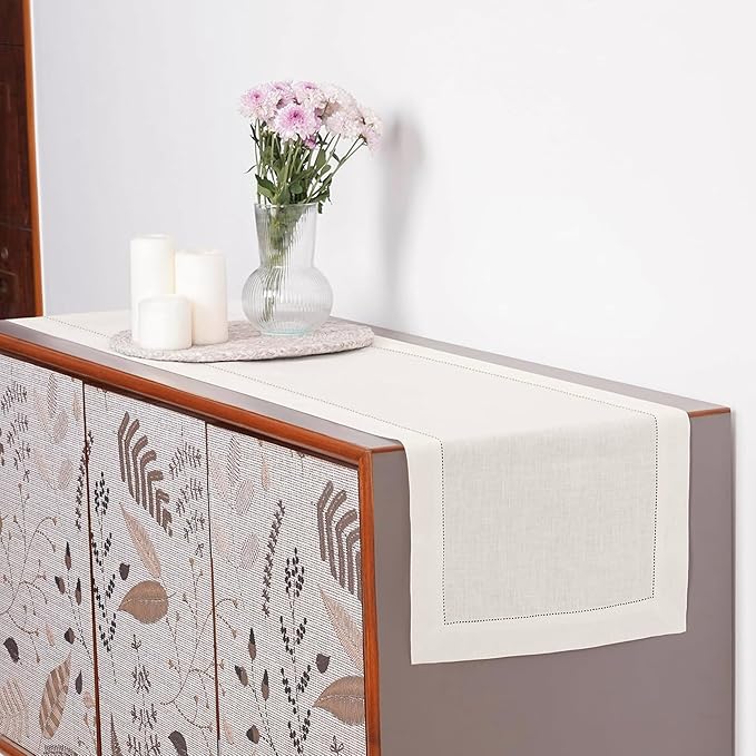 D'Moksha Homes Linen Ivory Table Runner 144 Inches Long - 100% Pure Linen Extra Long Table Runner 14 x 144 Inch for Valentines, Spring, Easter - Classic Hemstitch