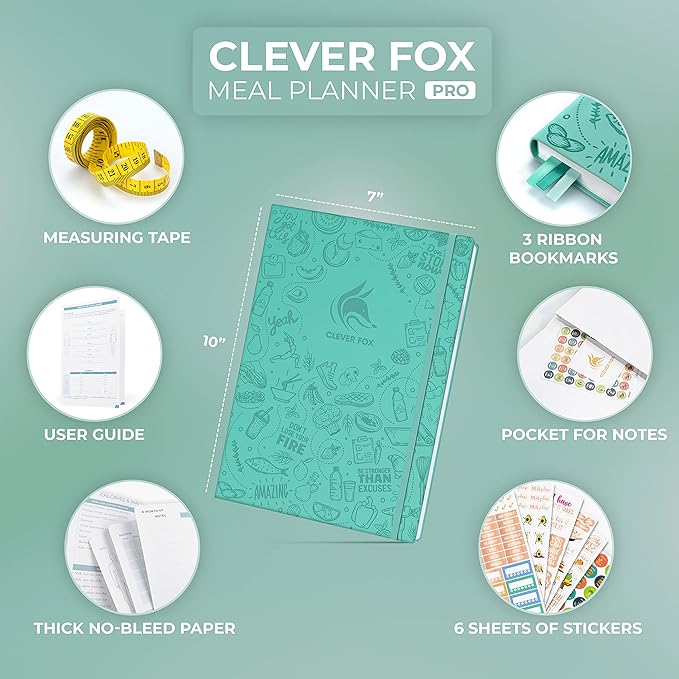 Clever Fox Meal Planner PRO – Weekly Meal Prep Journal with Grocery List & Weigh Loss Tracker – Diet, Fitness & Welness Log Book – Nutrition Diary Notebook – Lasts 12 Months, 7x10” (Turquoise)