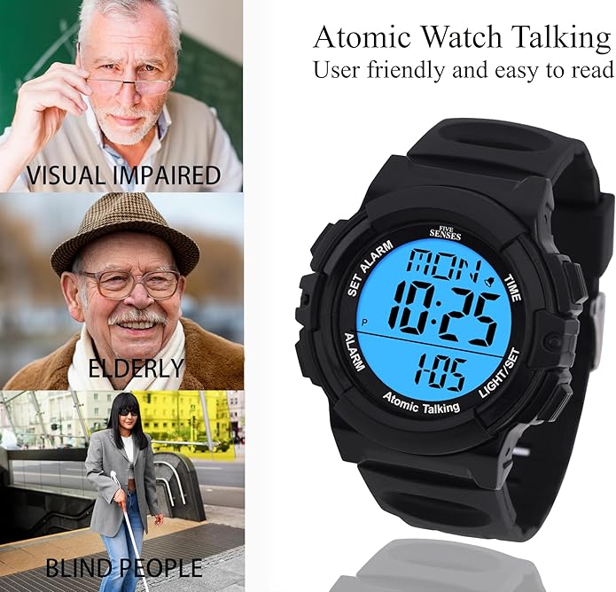 Five Senses Atomic English Talking Watch for Seniors Men and Women Talking with Day-Date Loud Alarm Clock Visually Impaired (Black)