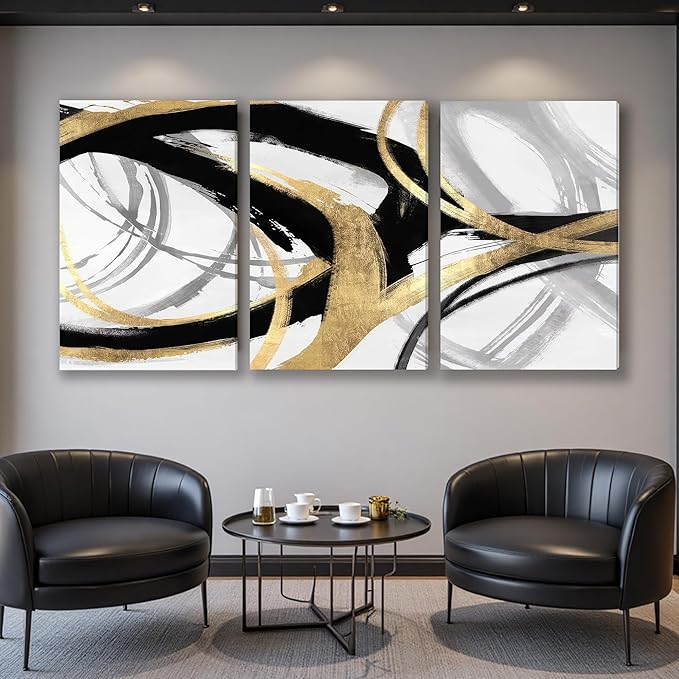 DUWQU 3 Piece Large Black and Gold Abstract Canvas Wall Art, Modern Black Gold and White Wall Decor, Spiral Brushstrokes Line Art Prints for Living Room Bedroom Office Home Decorations 24×36x3 In