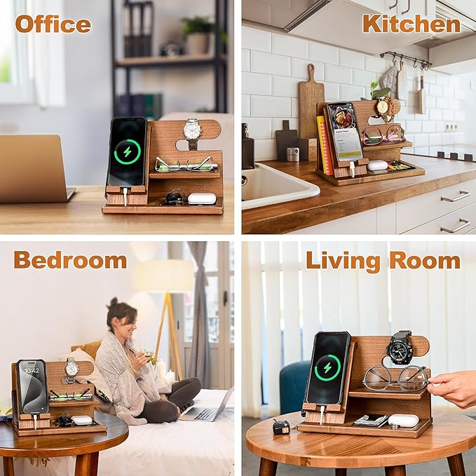 TESLYAR Wood Phone Docking Station for Men - Desktop or Nightstand Organizer - Birthday Gifts for Men, Dad - Anniversary Idea from Wife - Key Holder, Stand Wallet, Watch & Essentials (Earth Beige)