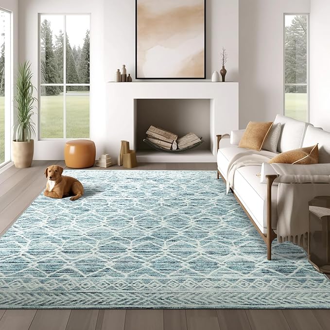 jinchan Moroccan 6x9 Area Rugs for Living Room - Machine Washable Modern Geometric Stain Resistant Ultra-Thin Low-Pile Large Rug Non-Slip Carpet for Bedroom Kitchen Dining Room (6x9ft, Teal Blue)