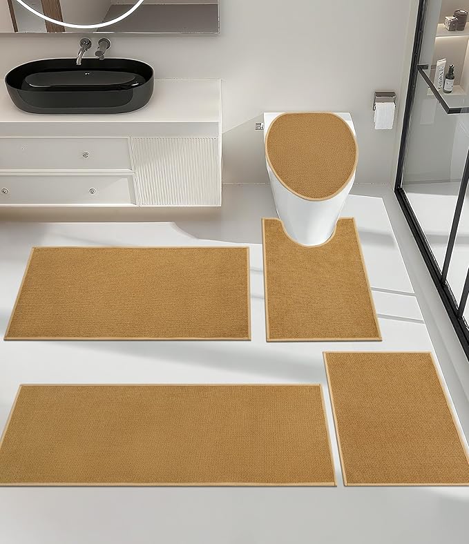 YIHOUSE Bathroom Rugs Mats Sets 5 Pieces, Ultra Thin Bath Mat Absorbent Non Slip Bath Rugs for Bathroom Washable, Shower, Sink, Laundry (Yellow, 5 Pieces)