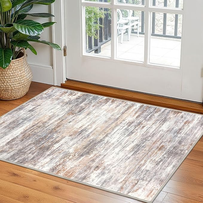 KOZYFLY Modern Abstract Small Area Rugs 2x3, Washable Kitchen Rug Non-Slip Soft Small Bathroom Rug, Multi Grey Striped Entryway Rugs Print Faux Wool Doormat for Bedside Entrance Bedroom Sink