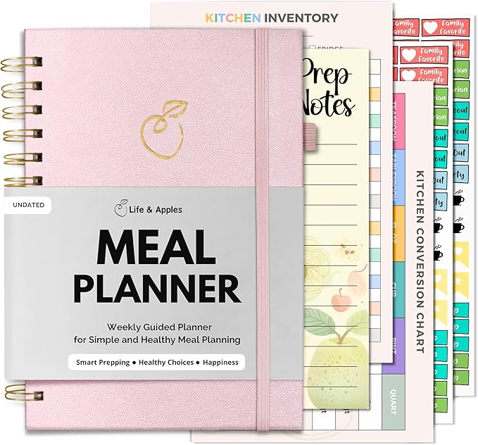 Life & Apples Meal Planner with Grocery List – Undated Weekly Menu & Meal Prep Notebook for Women & Men, Healthy Eating & Weight Loss Planner, 52-Week Spiral Bound Journal, Rose Gold
