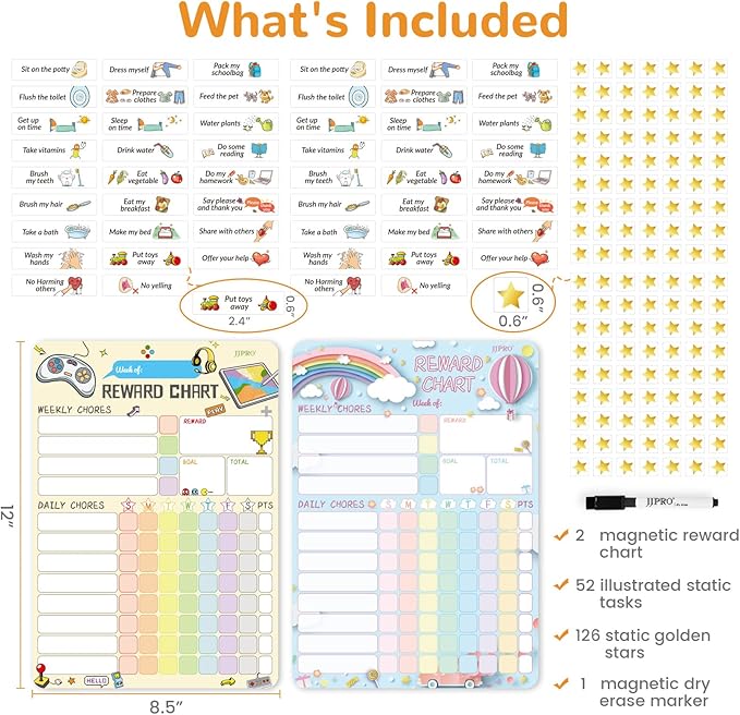 Magnetic Dry Erase Chore Chart for Two Kids at Home, Reward Chart for Kids Behavior. Includes 52 Static Tasks,126 Golden Stars and 8.5"x12" Video Game& Rainbow Magnetic Charts Each