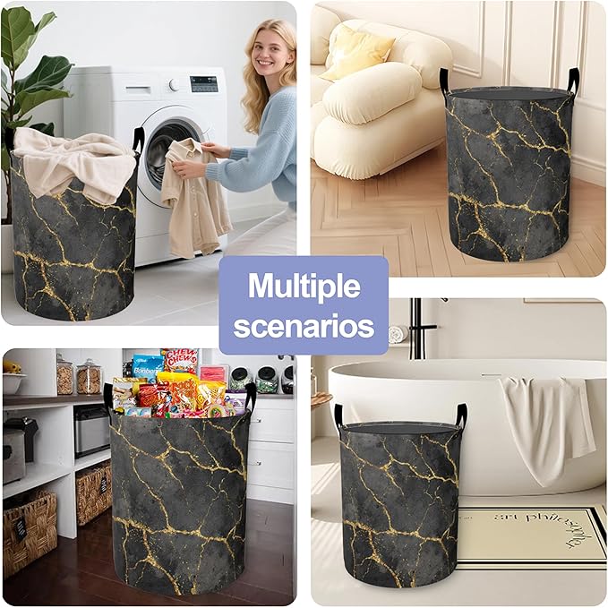 Laundry Basket,Black Gold Marble Large Canvas Fabric Lightweight Storage Hamper Organizer Dirty Clothes Collapsible Waterproof for College Dorms,Bathroom