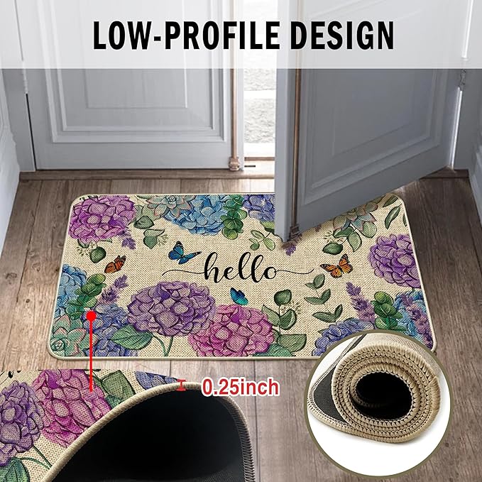 Welcome Spring Door Mat Hydrangea Flowers Doormat Indoor Outdoor Entrance Summer Decor Outdoor Rug Low-Profile Floor Rug Non Slip Spring Summer Decor Rubber Mats for Home Decoration 17x29Inch