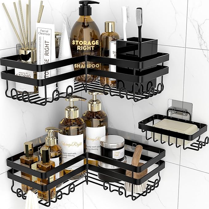 StorageRight 3 Pack Black Corner Shower Caddy with Soap Holder, 2 Large + 1 Soap Holder Style, No Drilling Wall Mount Iron Shower Organizer Shelf with Hooks