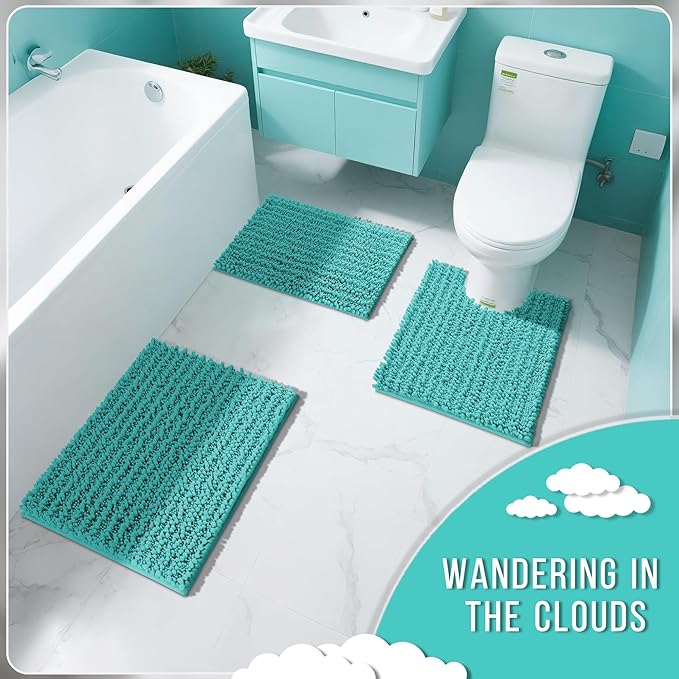 Yimobra Bathroom Rugs Non Slip Washable - Ultra Soft Absorbent Chenille Bath Mat, Quick Dry Shaggy Floor Carpet for Tub Shower, Lake Blue Home Decor Accessories, 24x17 Inch