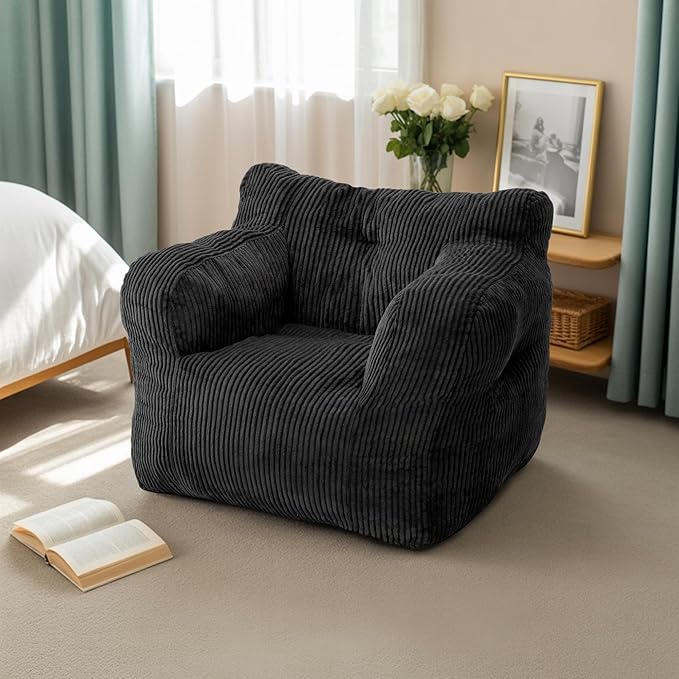 32" Bean Bag Chair,Loveseat Sofa,Corduroy Lazy Sofa Bed for Adults,Fit Living Room, Bedroom,Outdoor Spaces,Ultra Soft Dutch Velvet,Fluffy Comfort Washable Cover,72h Rebound,Black